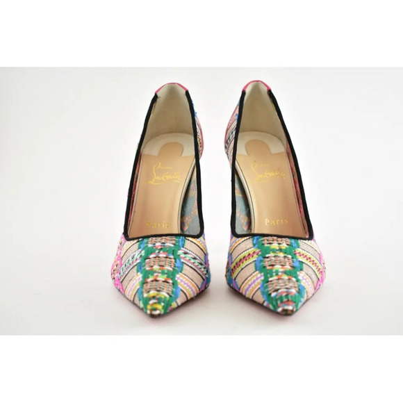 Christian Louboutin Follies Lace 100 Pink Black Hippie Suede Mesh Heel Pump 35.5 - Picture 7 of 12